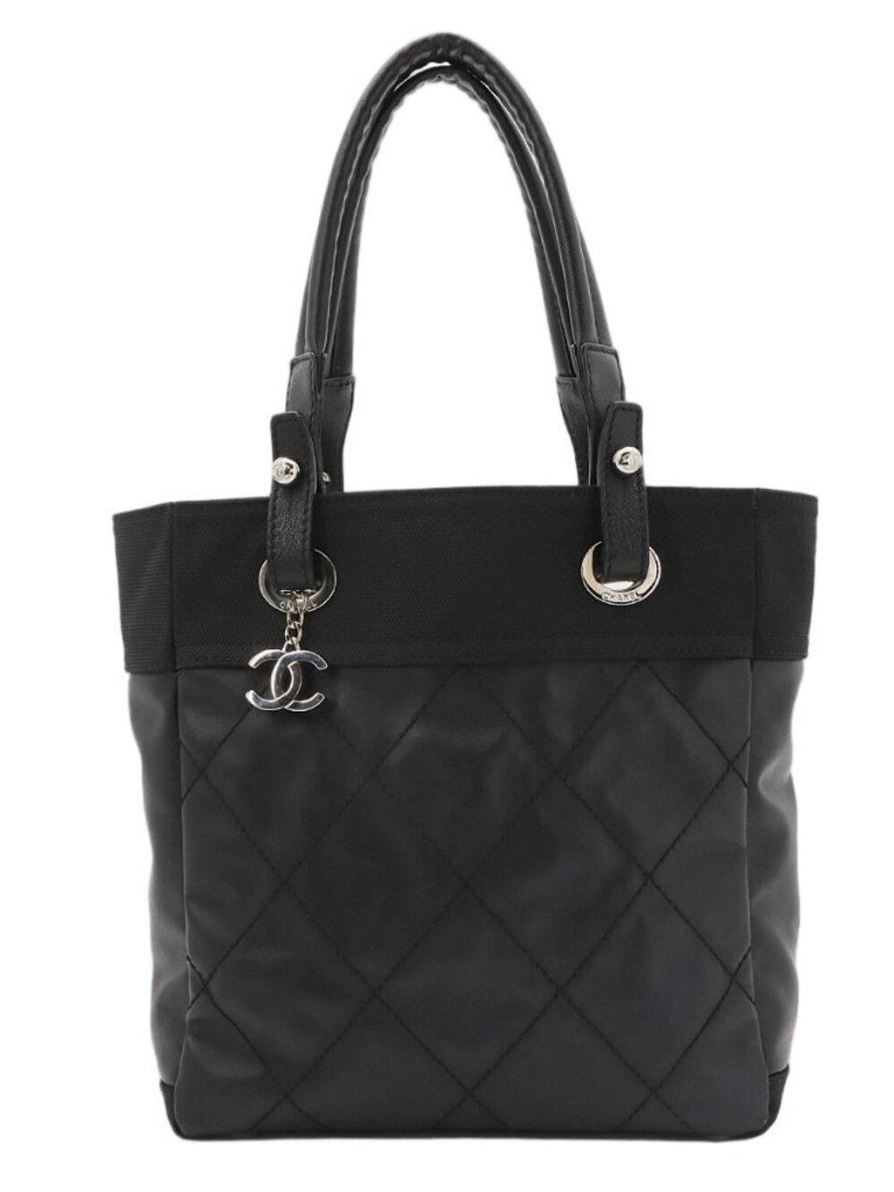 Chanel Paris Biarritz PM Tote Nylon Leather Black Silver